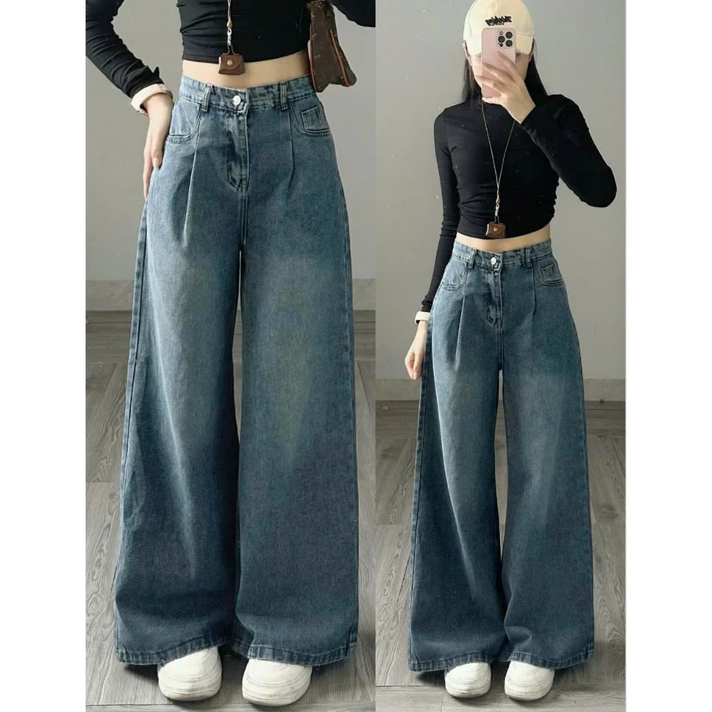 [Ảnh thật] Quần jeans xuông xếp ly màu xanh đậm dáng dài 247store phong cách Hàn Quôc