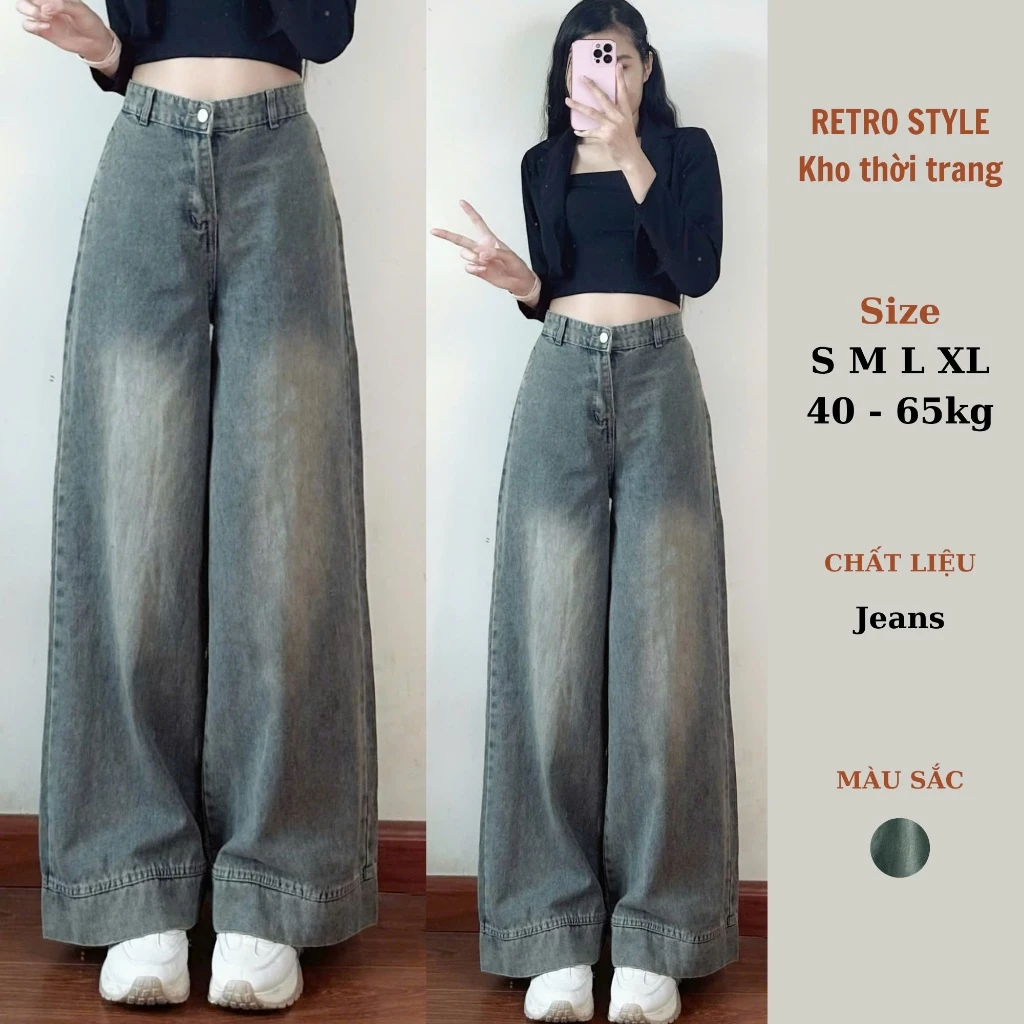 Quần jeans nữ suông ống rộng màu xanh Retrostyle