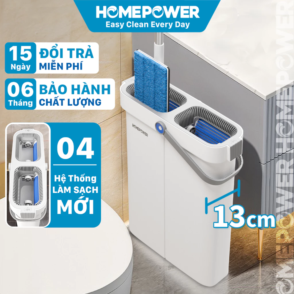 Bộ Cây Lau Nhà Tự Vắt Homepower BS-03, Chổi Lau Nhà 360 Độ Siêu Mỏng 4 Hệ Thống Làm Sạch Mới