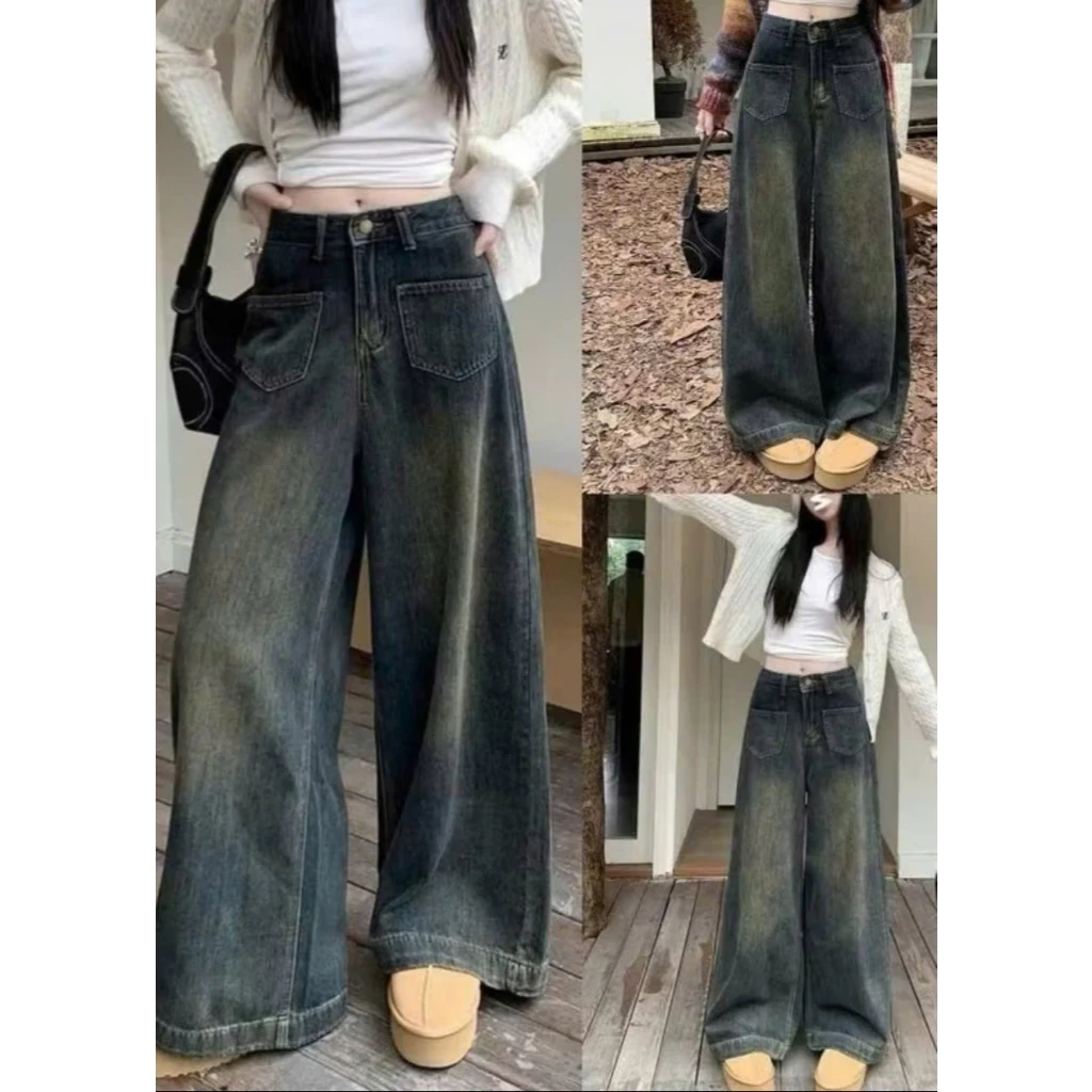 Quần jeans nữ cạp lưng cao Retro không co giãn gấu bản to Hàn Quốc - Pants, Women