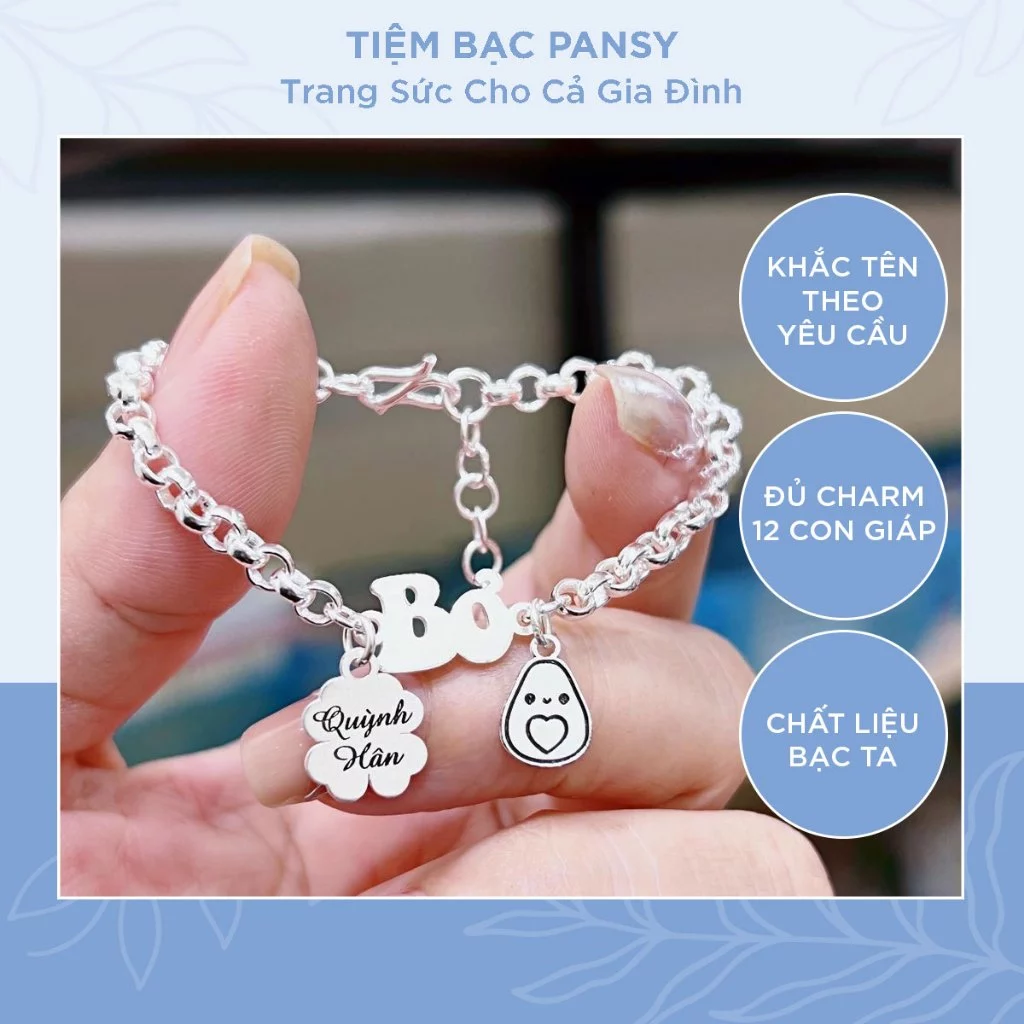 Lắc bạc trẻ em khắc chữ theo yêu cầu PANSY - Quà tặng thôi nôi, đầy tháng, sinh nhật ý nghĩa cho bé