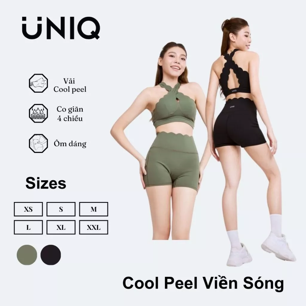Bộ Đồ Tập Gym Yoga Nữ UNIQ Cool Peel - Áo Viền Sóng Chéo Ngực & Quần Legging Đùi Viền Sóng