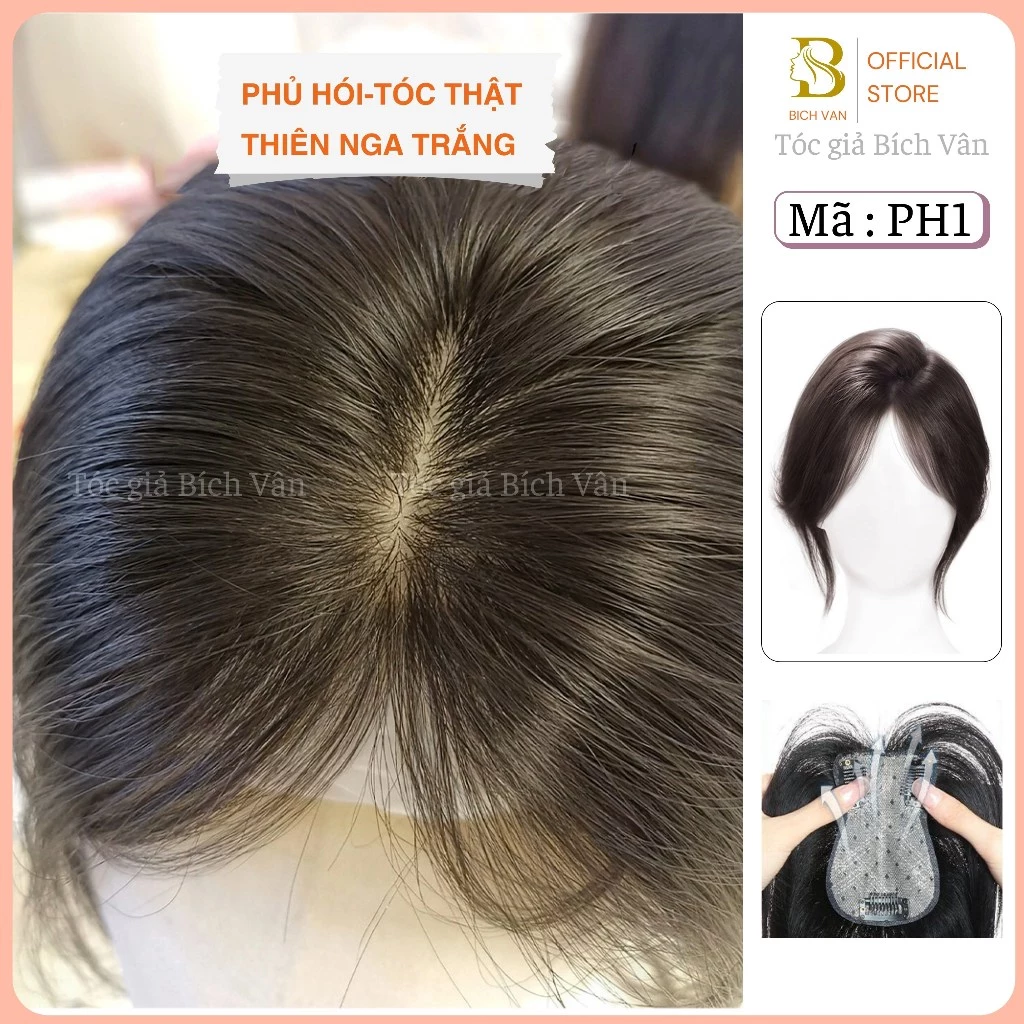 Phủ hói tóc thật thiên nga trắng Bích Vân, tóc phủ hói che bạc mô phỏng da đầu thật rẽ full ngôi lưới HD 7*11cm