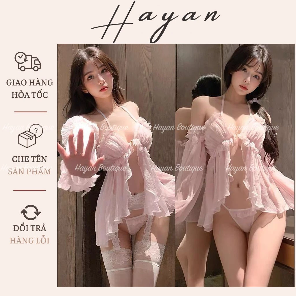 HT132 Váy ngủ sexy trễ vai xẻ trước gợi cảm,đồ ngủ dài tay dáng xoè tôn dáng HT132