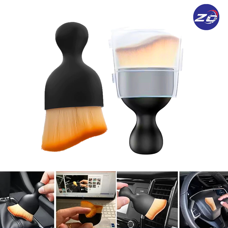 Chổi quét mini đầu cong sợi lông mềm dùng vệ sinh bụi bẩn nội thất ô tô, bảng điều khiển, cửa thoát khí, có nắp bảo vệ