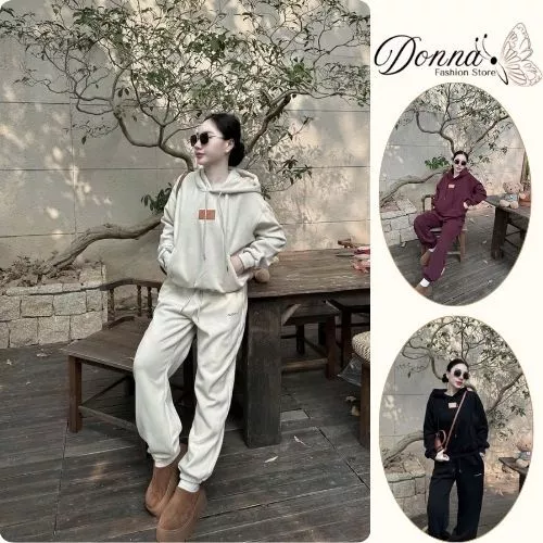 đồ bộ nữ thu đông ,áo hoodie nữ form rộng dày phối quần suông cạp chun 3 màu đỏ kem đen Donna hcom3693