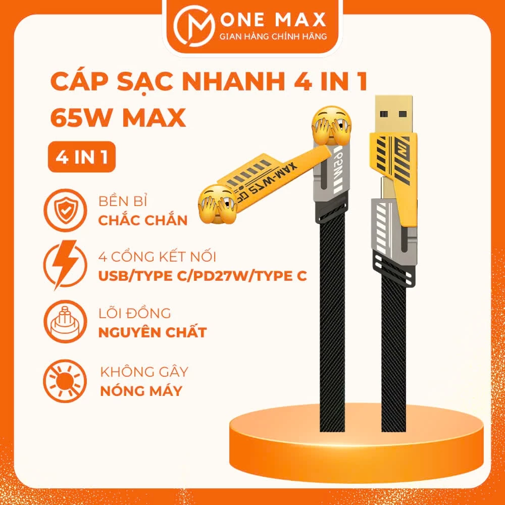 Cáp sạc nhanh 4 IN 1 cổng vào USB/TYPE C cổng ra PD27W/TYPE C 65W thiết kế dây dẹp bền dẻo