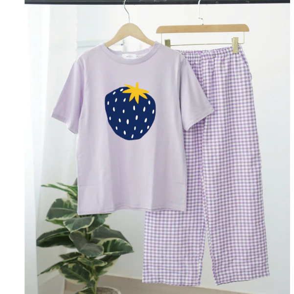 Set Bộ Nữ Áo Ngắn Tay, Quần Caro Suông Mặc Nhà Thời Trang Menina.