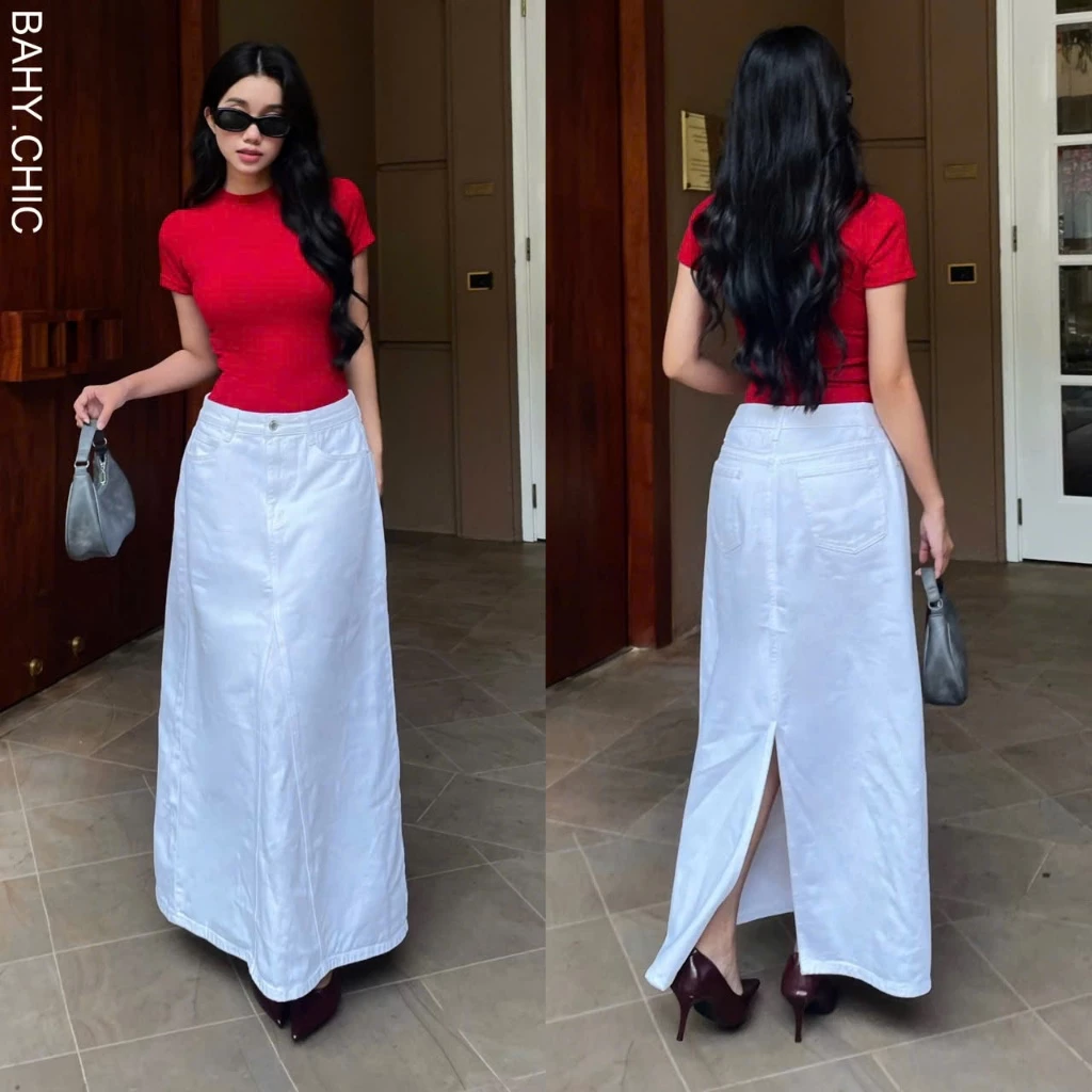 ( WHITE MIDI ) Chân váy dài trắng trơn chữ A form suông, xẻ tà phía sau đơn giản