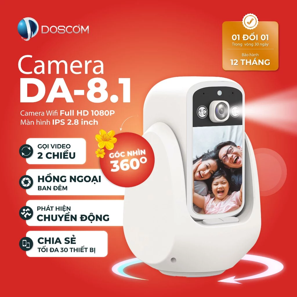 Camera Mini Wifi Gọi Video 2 Chiều DA8.1 DOSCOM Full HD 2K - Tích Hợp Màn Hình IPS 2.8 Inch
