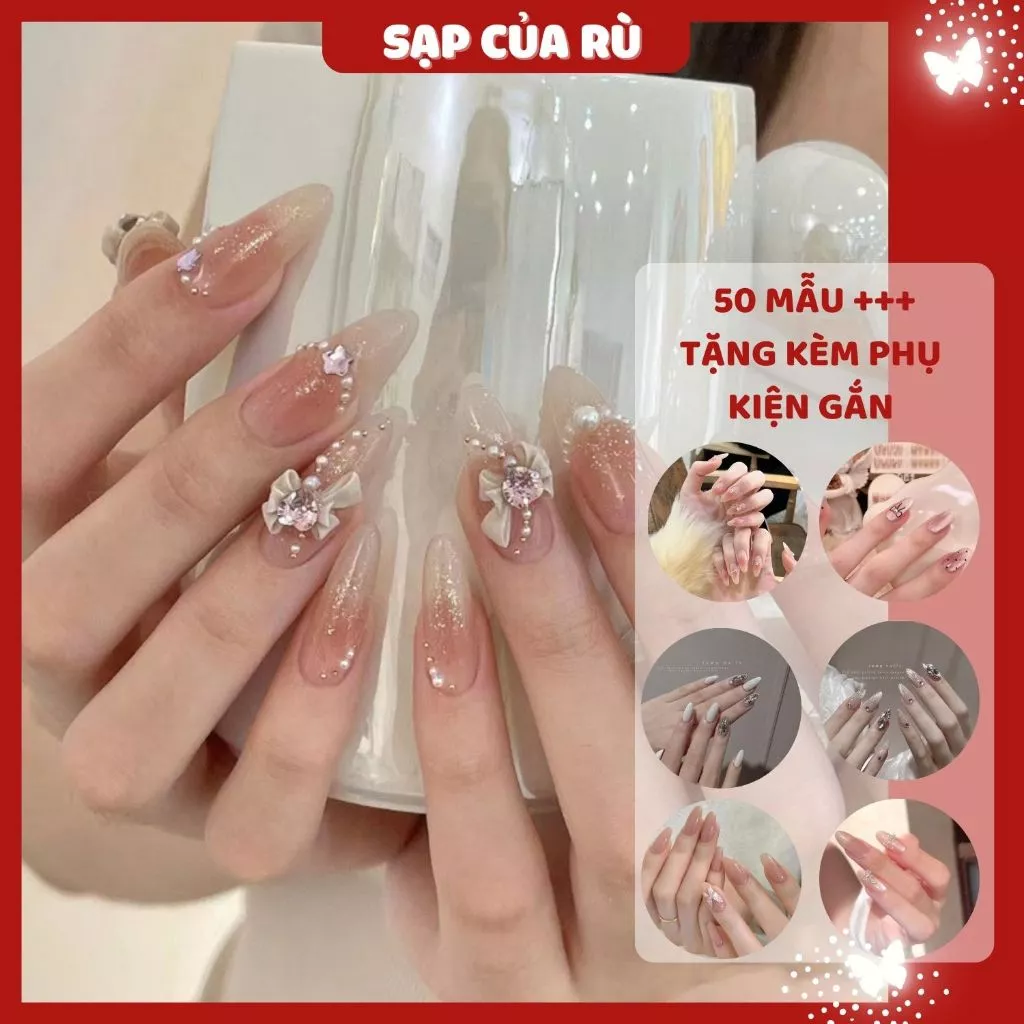 [móng cô dâu] Set nail dài SLAY, móng tay giả đính đá  + tặng 5 món phụ kiện