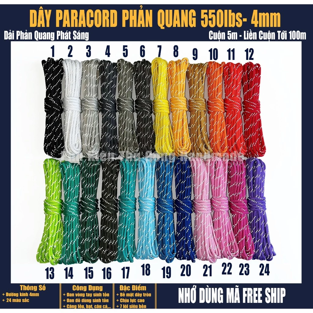 Dây dù paracord 550lbs sinh tồn 4mm phản quang 5m