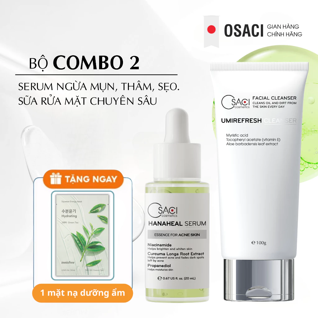 Combo giảm mụn ngừa thâm mờ sẹo rỗ trẻ hóa da Osaci Serum Hana Heal + Sữa rửa mặt sạch sâu dịu nhẹ
