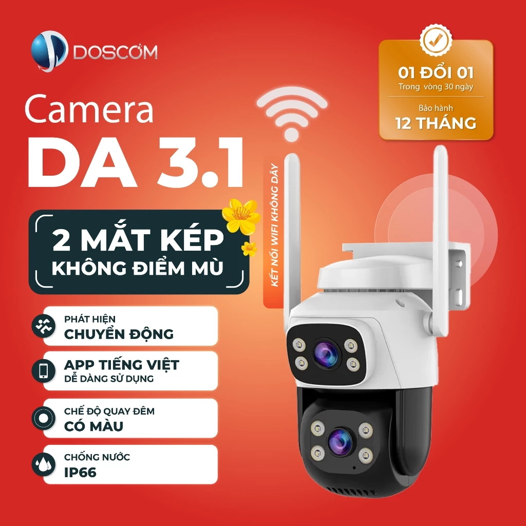 Camera Wifi Ngoài Trời Doscom DA3.1 Tích Hợp 2 Mắt Camera Kép,Không Điểm Mù - Độ Phân Giải Full HD