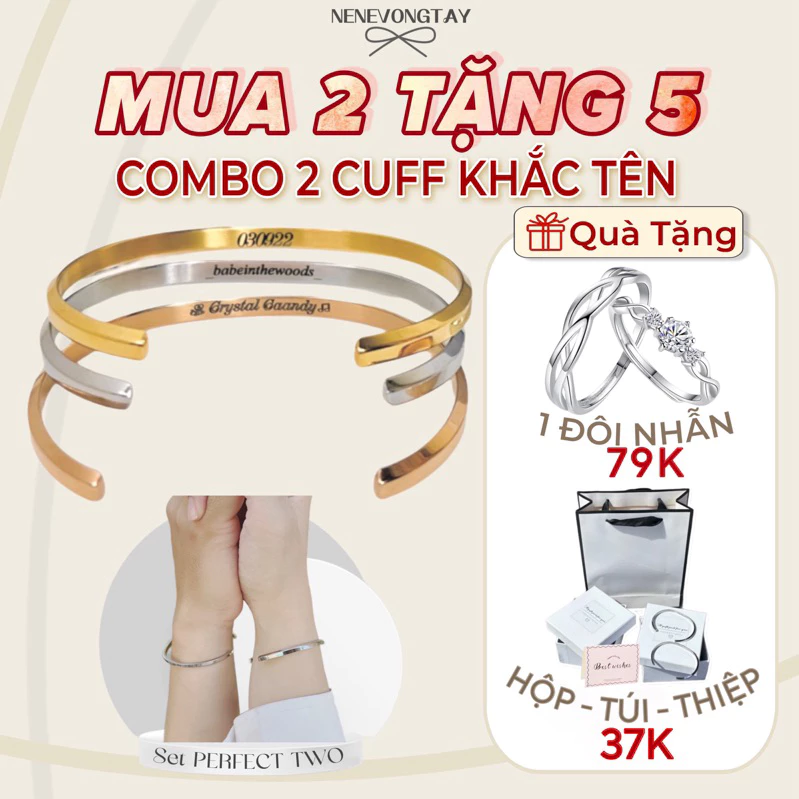 [tặng Nhẫn Đôi] Một đôi vòng cuff dvw titan khắc tên TRONG -tặng NHẪN Hợp kim và Bộ Hộp túi thiệp- vòng couple
