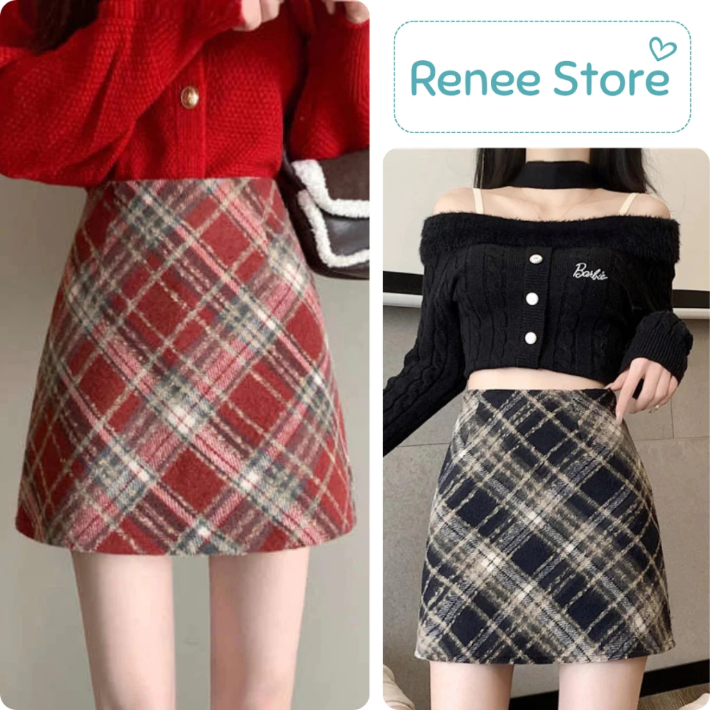 (CÓ SIZE) Chân váy dạ kẻ dáng chữ A, váy ngắn có quần bảo hộ Renee Store - VN315