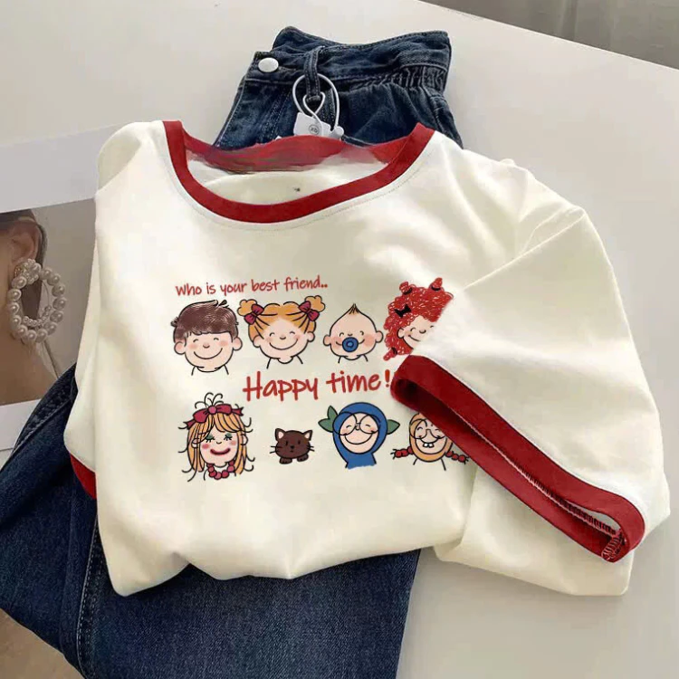 Áo Thun Nữ NGẮN TAY Phối Viền Chất Cotton In Hình Menina, Áo Phông Nữ Dáng Rộng.