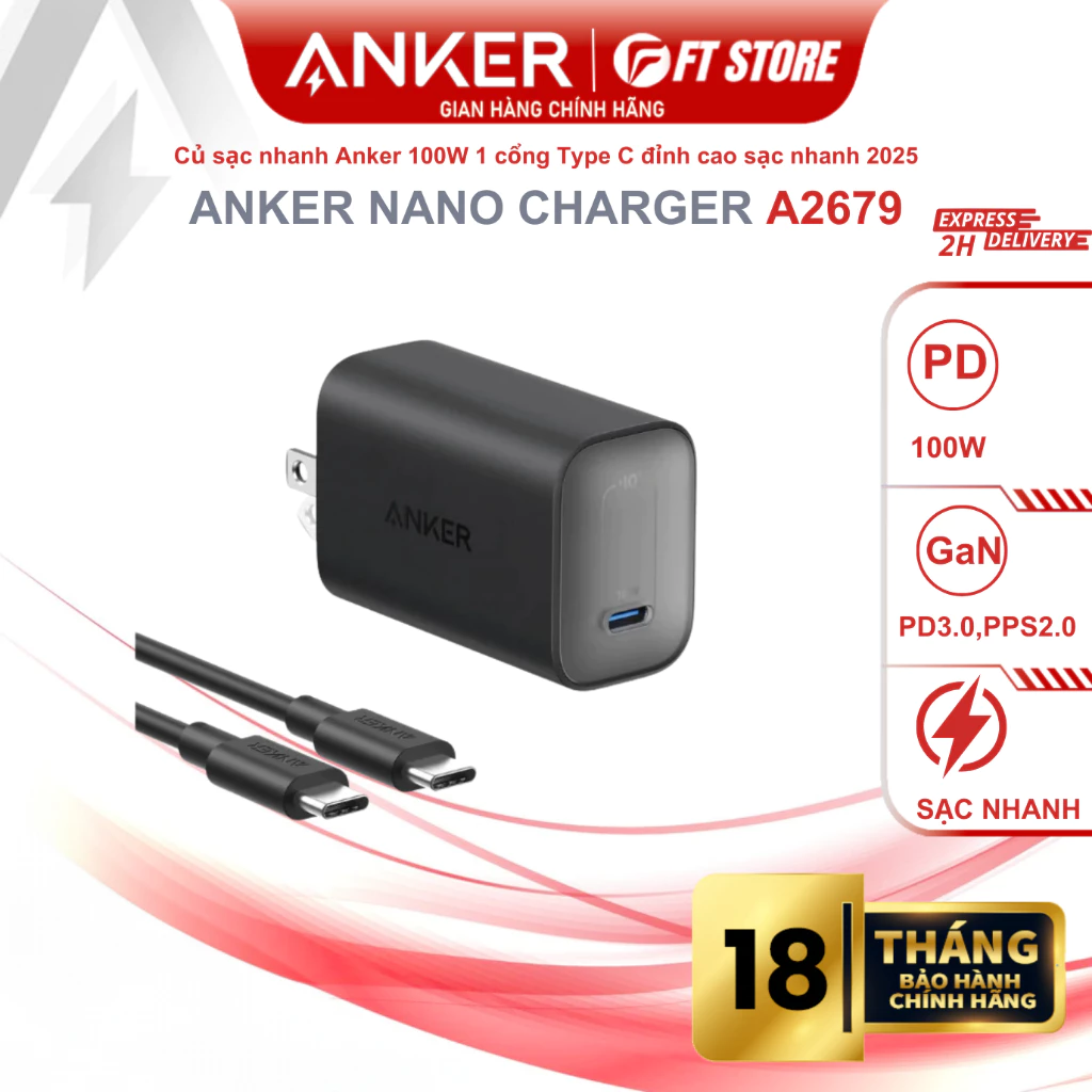 Bộ sạc 100W kèm cáp C to C Anker B2679 sạc nhanh điện thoại, laptop, phiên bản 1 cổng C mới nhất