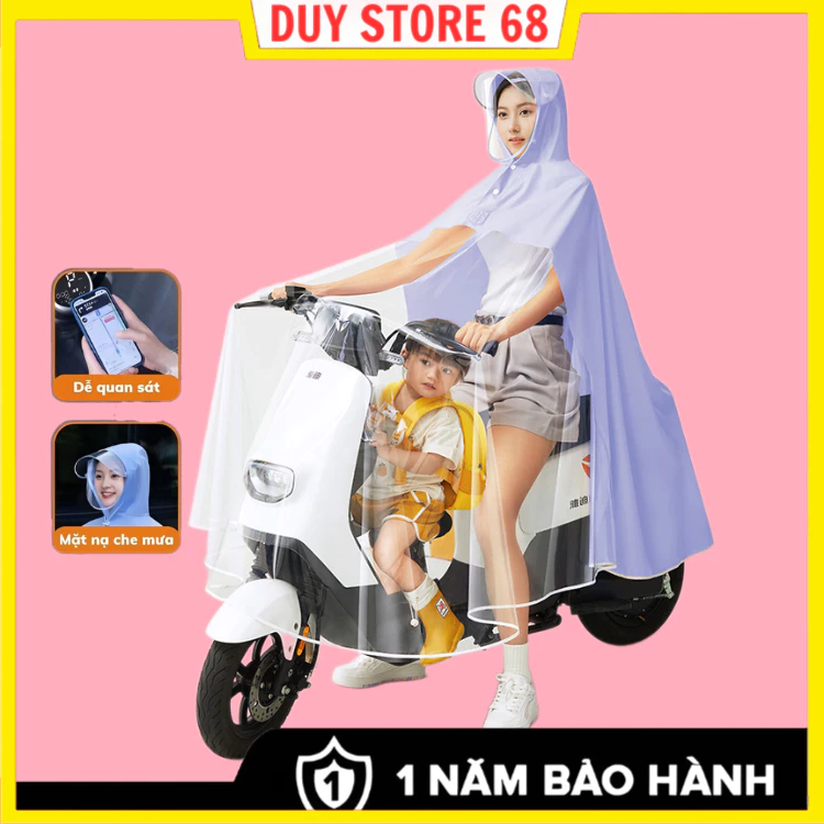 Áo mưa nửa trước trong suốt cho Mẹ và Bé, che phủ toàn thân, kèm kính chắn mưa.