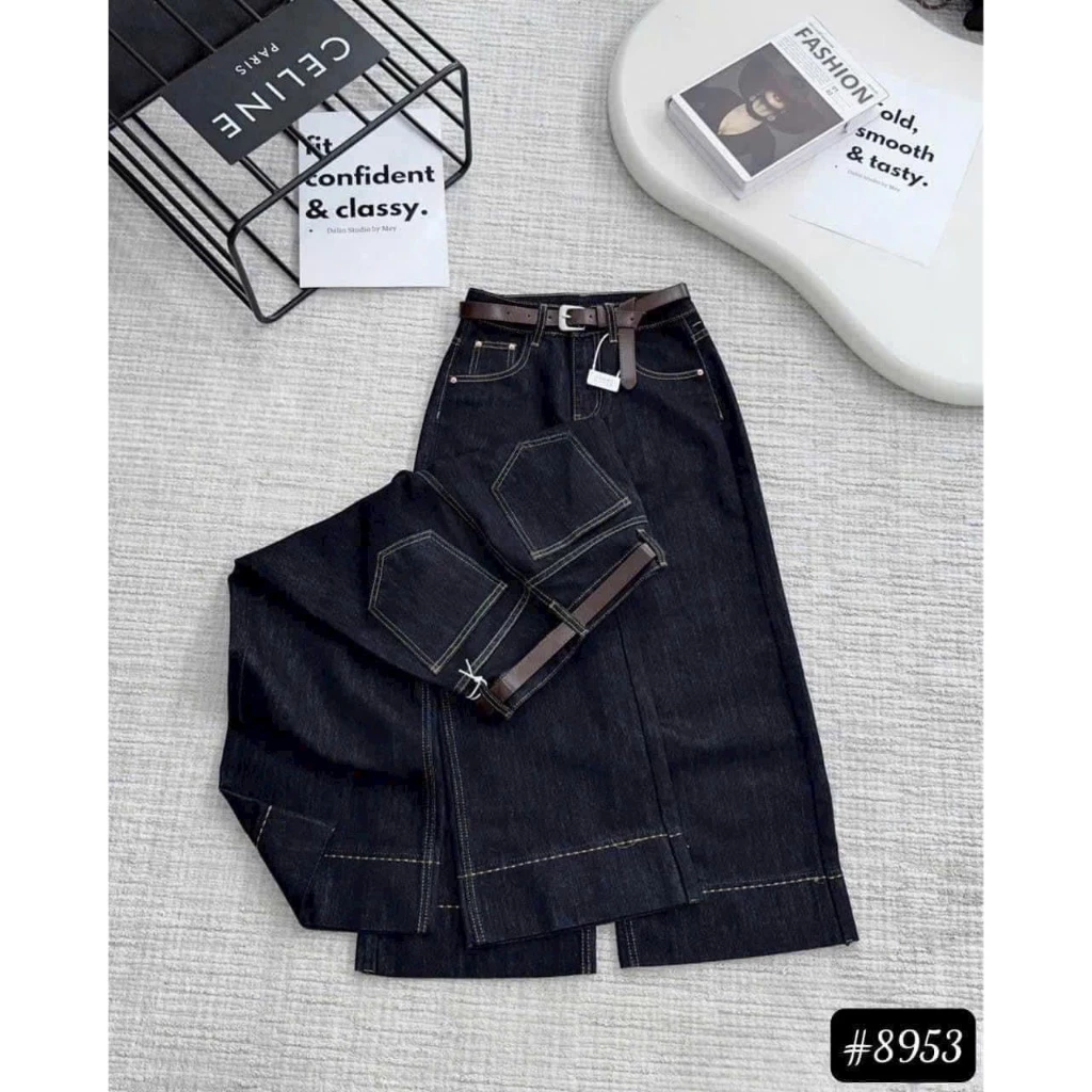 Quần jeans bò nữ ống rộng cạp lưng cao màu xanh đen, bigsize, chất không co giãn, phong cách Hàn Quốc - Women, Pants