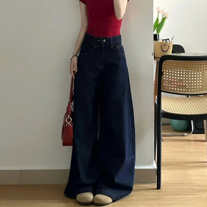 Quần Jean Nữ Ống Suông Túi Chỉ Nổi Xanh Đậm Quần Bò Ống Rộng Không Phai Mềm Mịn - Women's Ong Jeans