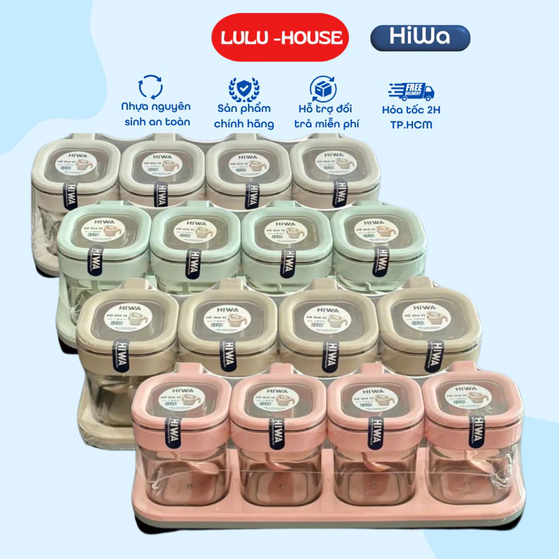 Bộ lọ gia vị Hiwa. Thiết kế kèm muỗng, khay đựng tiện dụng. Hũ gia vị ngăn kiến, không ẩm ỉu. Màu ngẫu nhiên