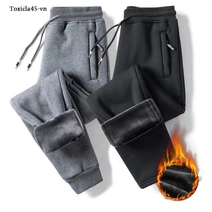 Quần nỉ lót lông cừu, quần jogger nỉ lông nam nữ cao cấp, vải trơn không xù giữ ấm mùa đông dáng xuông và bo gấu