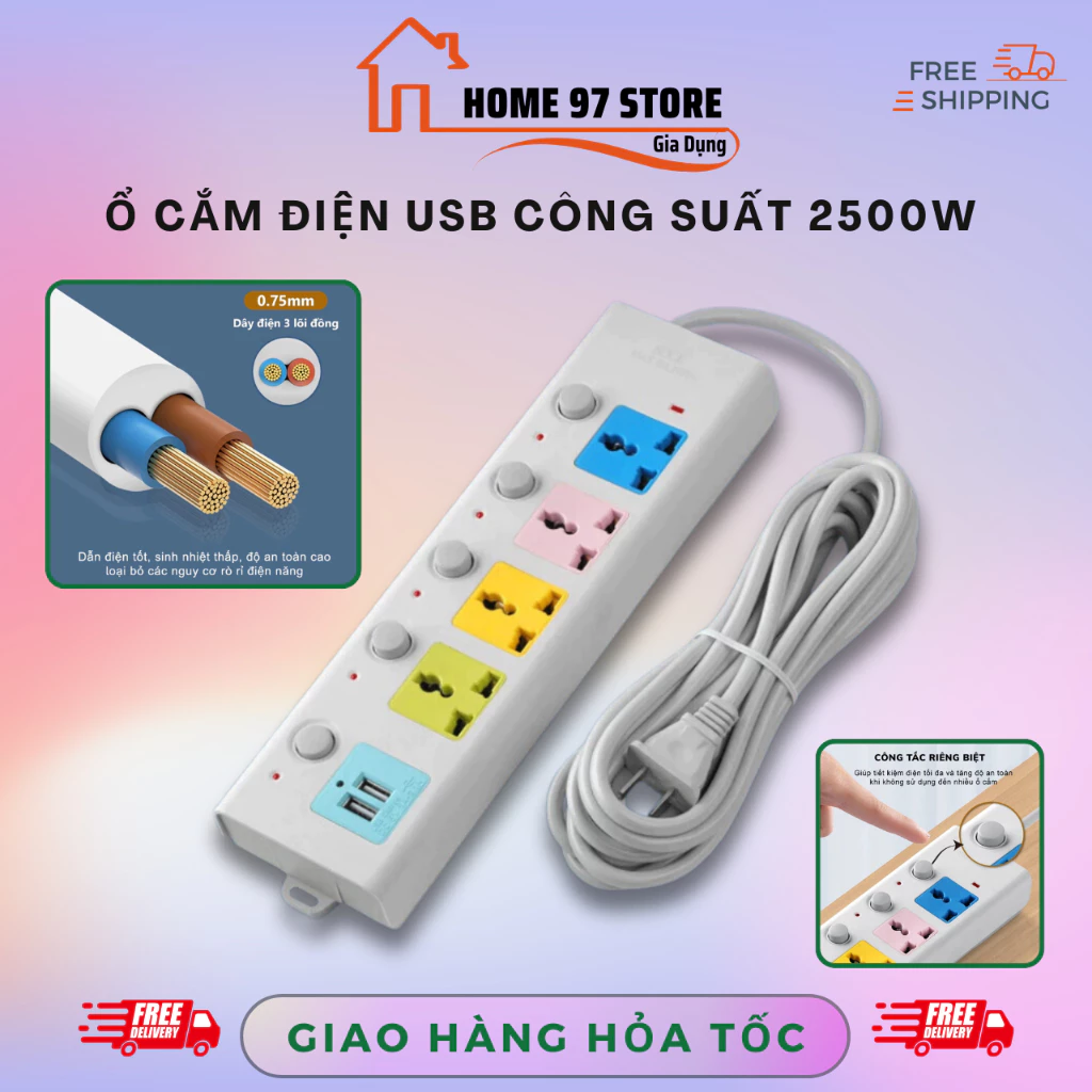 Ổ Cắm Điện Đa Năng Chịu Tải 2500W Dây Dài, Ổ Cắm Điện Thông Minh Có USB Chốt Chống Giật An Toàn