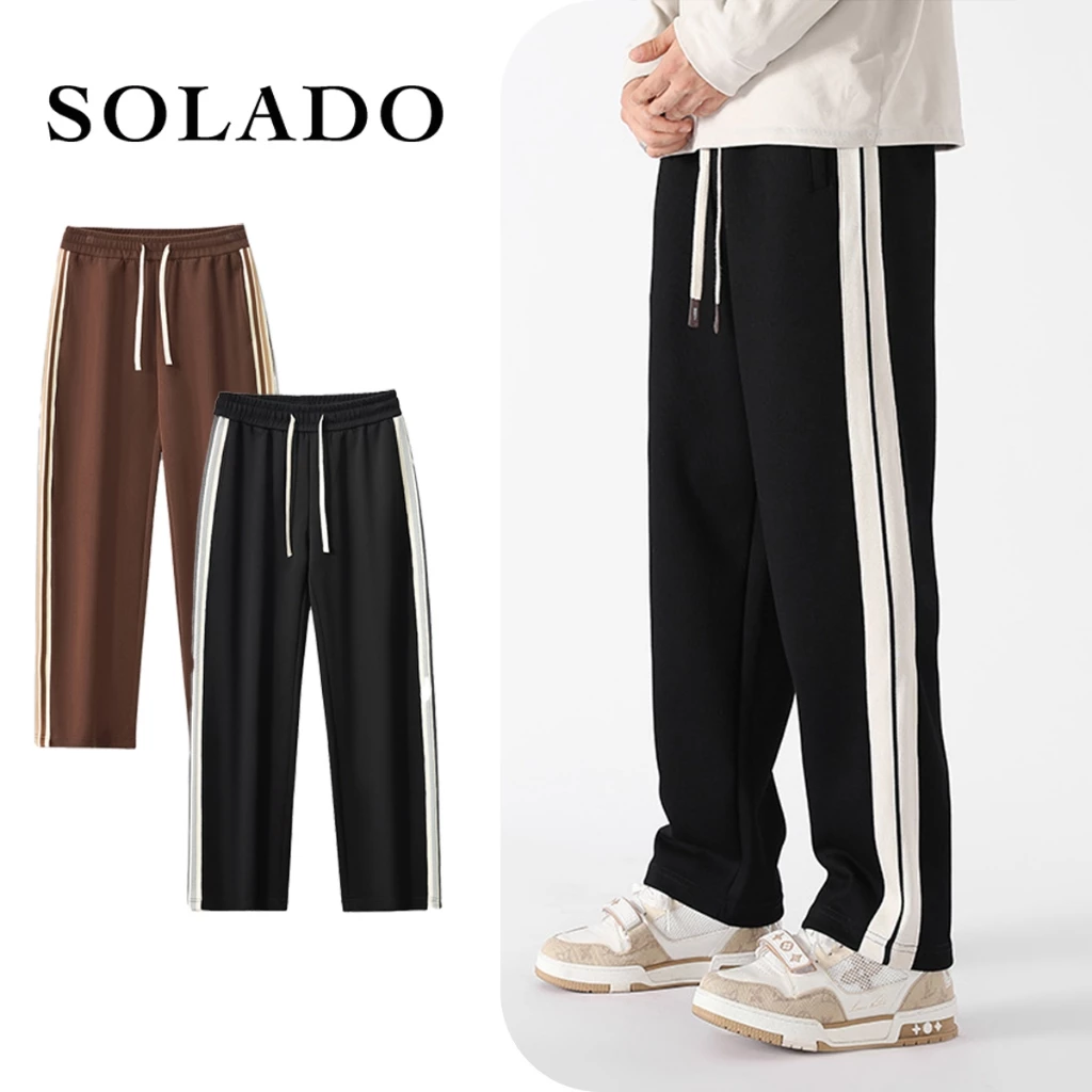 Quần Dài Ống Rộng SOLADO Form Suông Unisex Vải Nỉ Cotton Thiết Kế 2 Sọc Kèm Dây Rút Gấu Thế Thao Q2S