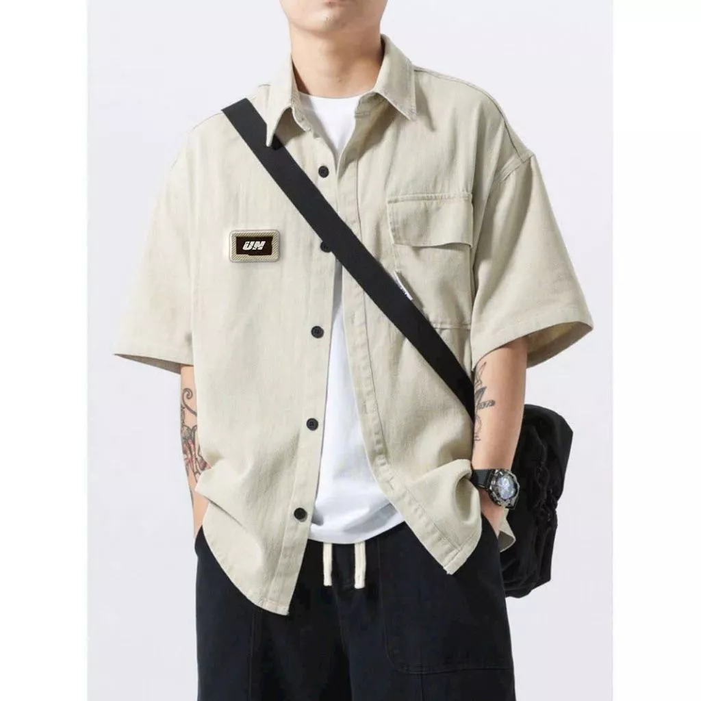 Áo Sơ Mi nam có cổ tay lỡ local brand DOLARO xịn, áo Khoác nam đẹp form rộng cao cấp thêu logo Chính hãng