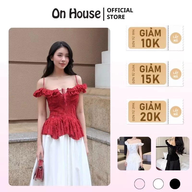 Áo ren trễ vai thiết kế phối bèo cao cấp, sang trọng, gợi cảm hai dây Angel bánh bèo On House TK001