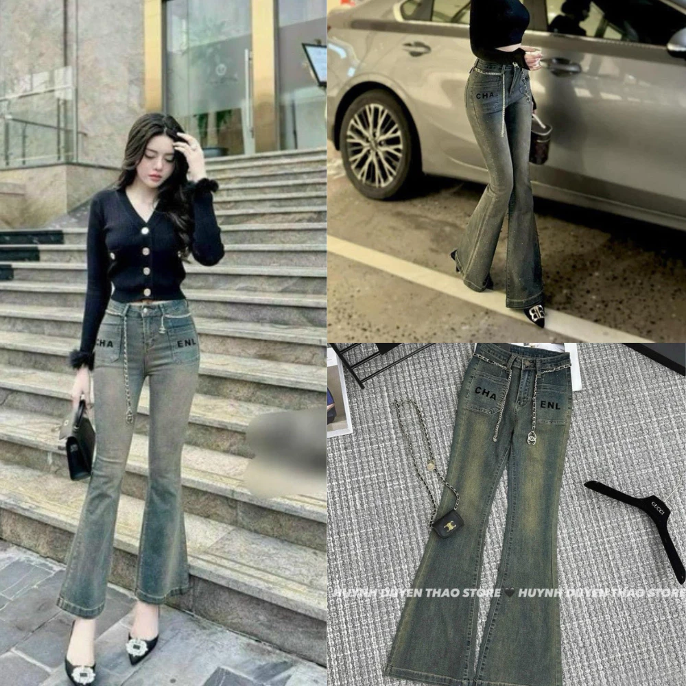 Quần jeans loe túi vuông lưng cao kiểu dáng sang trọng, quần bò ống loe thêu nổi chất co dãn mã QL24