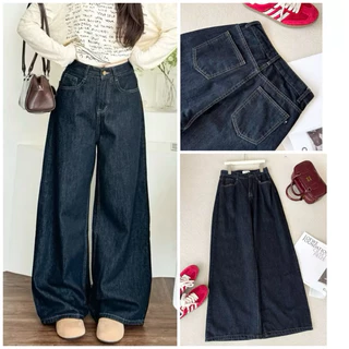 Quần Jean Ống Rộng Nữ , quần jeans trơn màu xanh đậm phối chỉ nổi cạp cao hack dáng