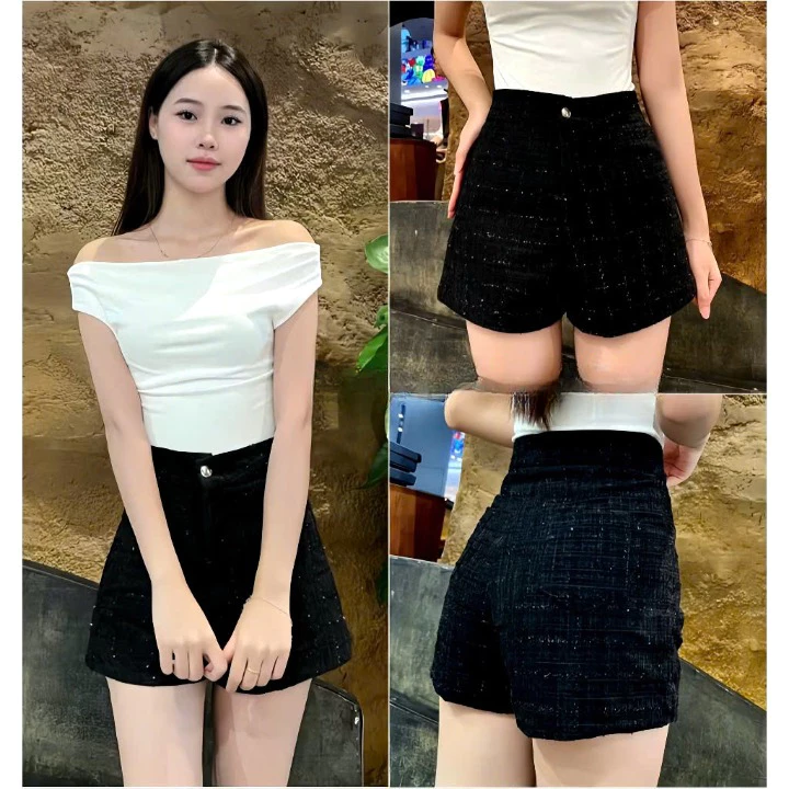 Quần Đùi Nữ Dạ Blinh 2 Lớp Phối Nhũ Cạp Cao Tôn Dáng Women V244