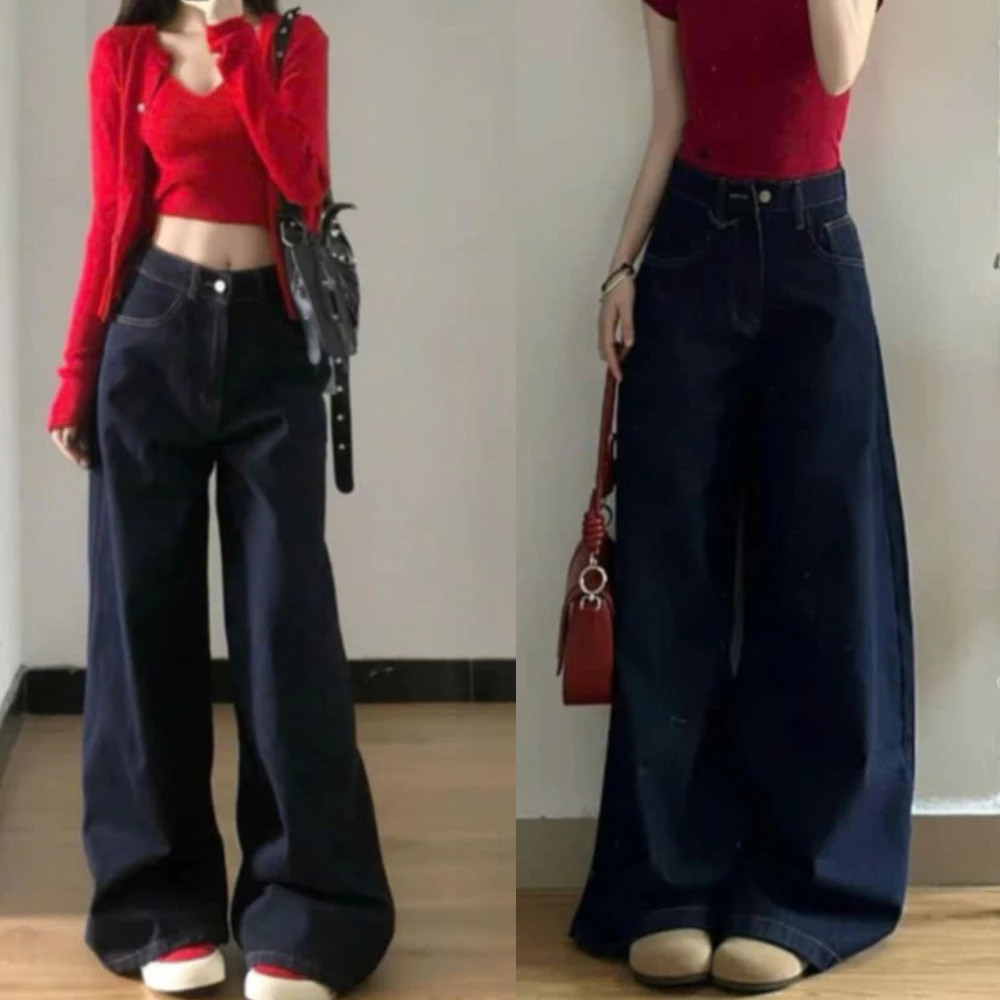 Quần Jeans nữ ống rộng lưng cao, quần bò trơn màu xanh đậm kiểu dáng basic mã QS26