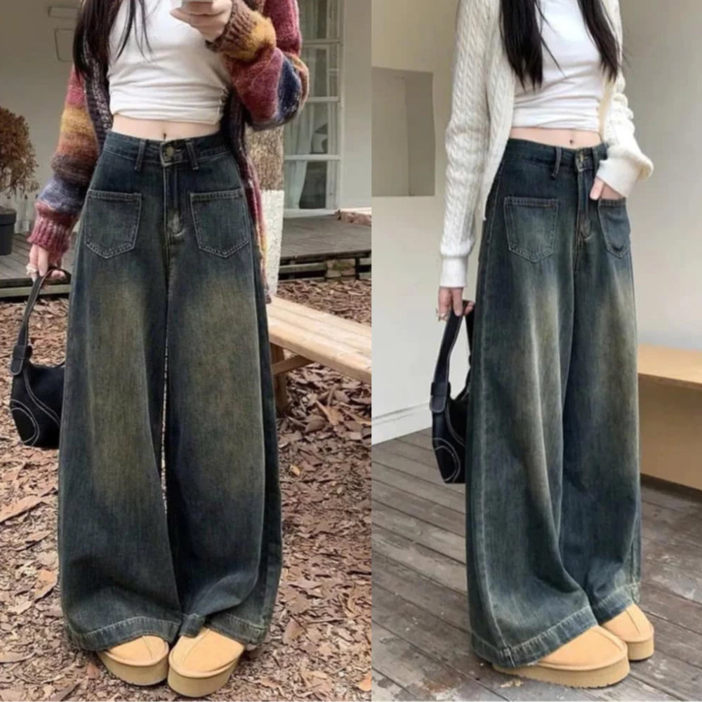 Quần jeans ống rộng nữ túi dán màu xanh bụi siêu hot hit kiểu dáng thời trang basic mã QS27