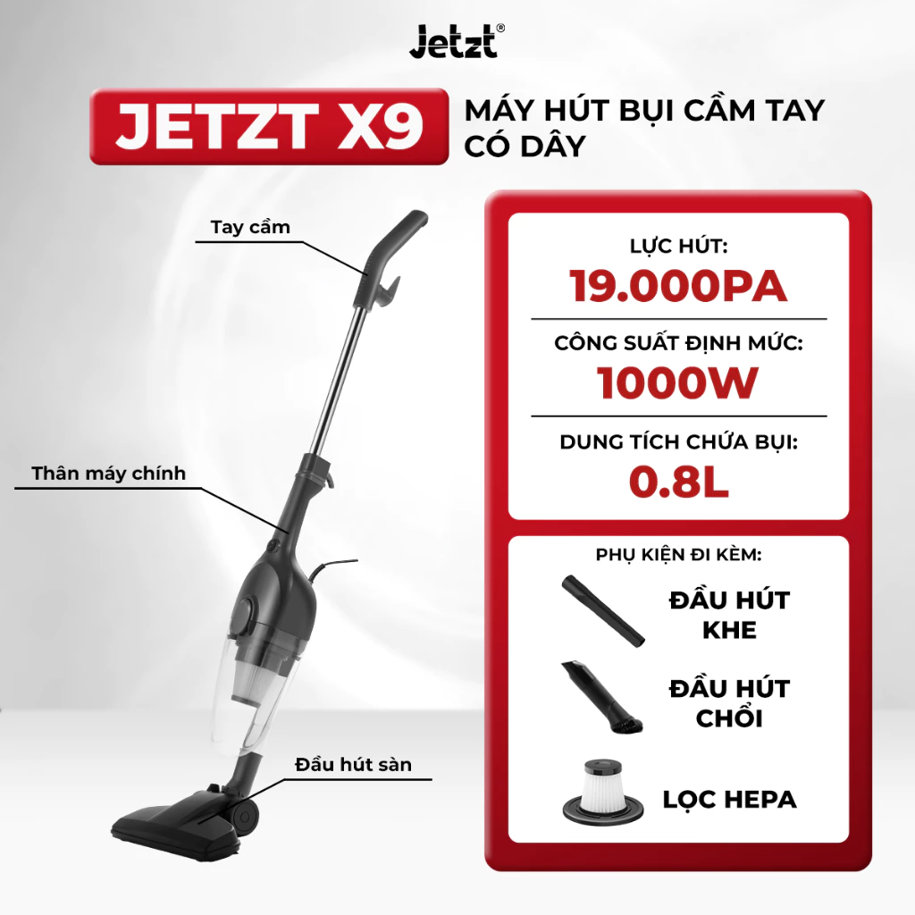 Máy hút bụi cầm tay có dây 3in1 JETZT X9, lực hút 19.000PA, hệ thống lọc bụi đa tầng
