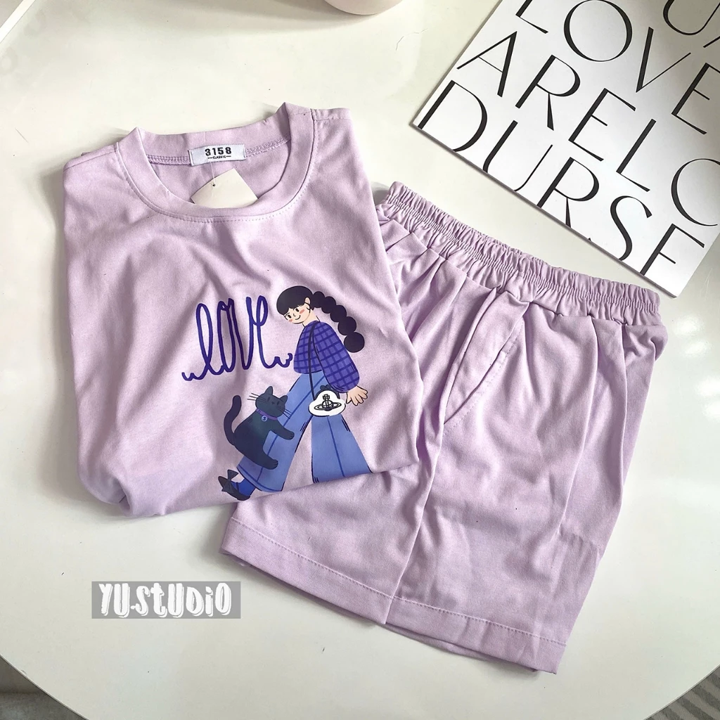 Bộ thun nữ YUSTUDIO 3158 cotton khô form rộng mẫu Mèo Love