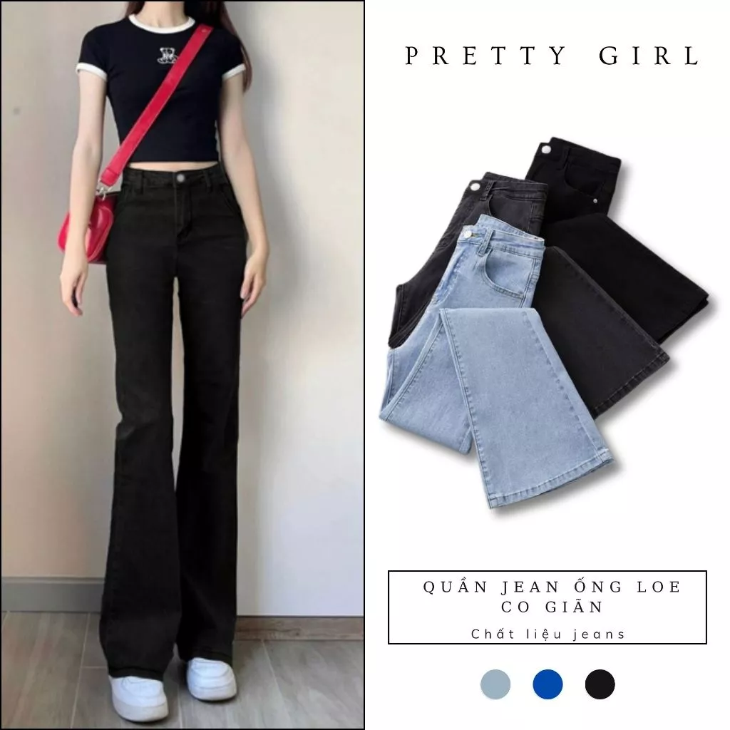 Quần Jean Nữ Ống Loe Cạp Cao Co Giãn, Jean Nữ Ống Loe Pretty Girl JOLG Cực Tôn Dáng
