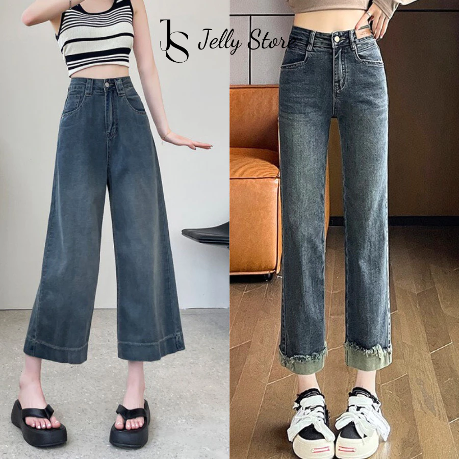 Quần Jean Cho Nấm Lùn, Quần Bò Jeans Ống Đứng, Ống Rộng Màu Xanh Đen Jelly