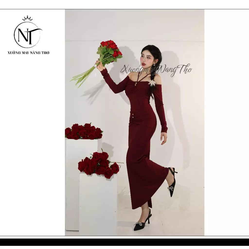 322 Đầm BoDy Nữ Bẹt Vai Dự Tiệc Cưới Sang Chảnh Tay Dài Chất Thun Gân Co Giãn