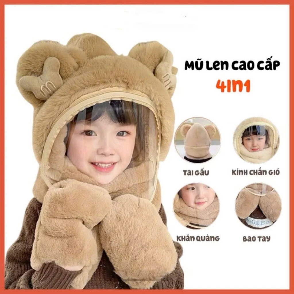 Mũ/Nón Len Trùm Đầu Có Kính Chắn Gió Kèm Khăn Quàng Cổ Và Gang Tay Cho Bé, Mũ Nón Len Tai Gấu Cho Bé