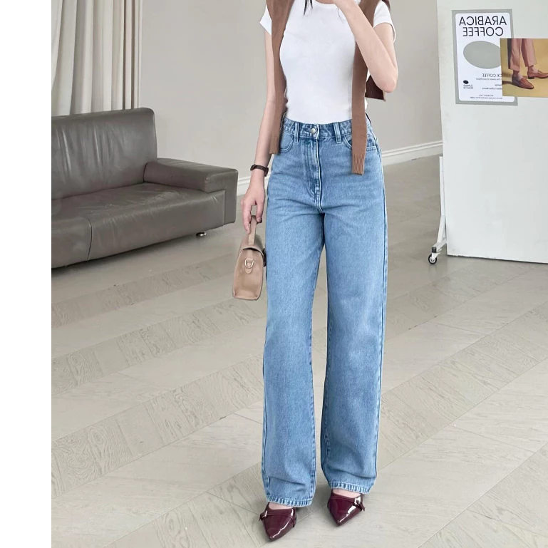 Quần Jeans Nữ REDE L-02G Ống Rộng, Jean Mềm Lưng Cao, Màu Xanh Nhạt Wash Hông/Đùi Chỉ Xanh