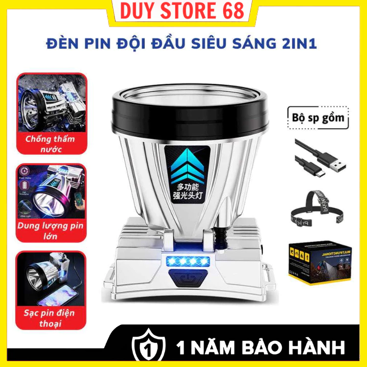 Đèn Pin Đội Đầu LED Siêu Sáng Chống Thấm Nước Tích Điện Công Suất Cao Đèn Chiếu Sáng Sạc đèn pin đội đầu type c