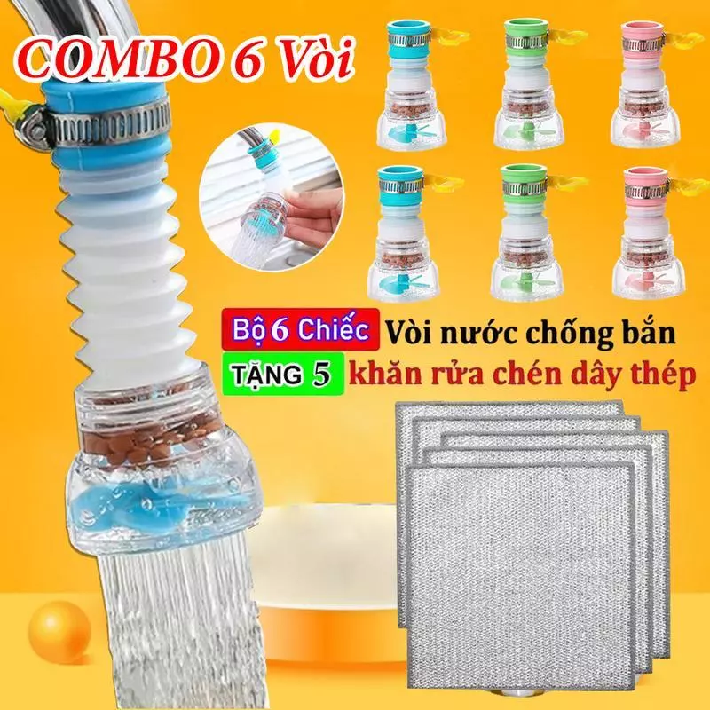 [ COMBO 6 VÒI NƯỚC TẶNG 5 KHĂN LAU LƯỚI RỬA BÁT ] Vòi Nước Xoay 360 Độ Có Bộ Lọc- Vói Nước Chống Bắn Tăng Áp
