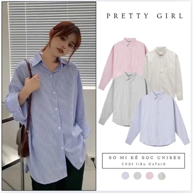 Áo Sơ Mi Kẻ Sọc Unisex Phong Cách Hàn Quốc 4 Màu, Áo Sơ Mi Kẻ Pretty Girl Hot Trend