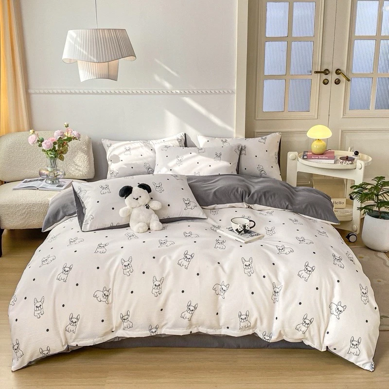 Bộ vỏ chăn ga gối cotton đũi họa tiết vintage hoa nhí , phong cách Hàn Quốc, bo chun đủ kích thước