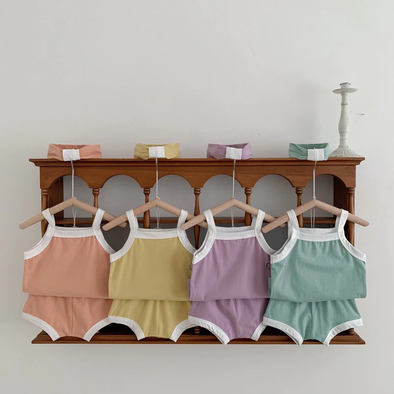 Bộ áo 2 dây + quần short chất Cotton màu trơn kiểu dáng dễ thương thời trang mùa hè cho bé sezi 6-19kg