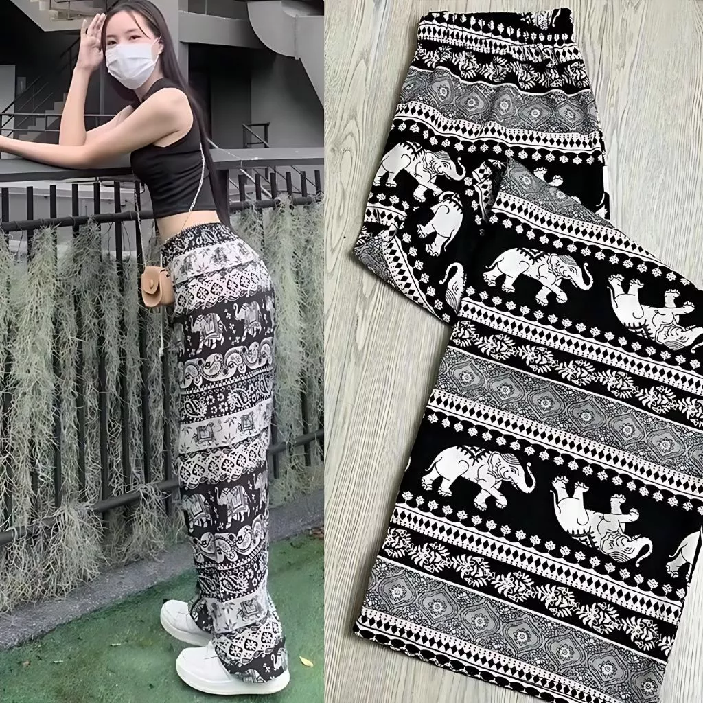 Quần thổ cẩm, ống suôn dài 98 cm, unisex, vải tole lanh Thái,(BIGSIZE 40-65kg)(Nhiều mẫu)