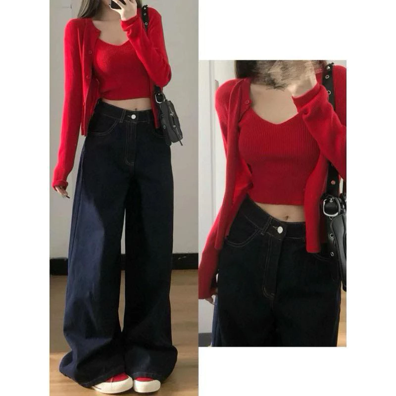 Quần bò suông nữ, quần jeans ống rộng cạp cao xanh đậm chỉ nổi phong cách Hàn Quốc